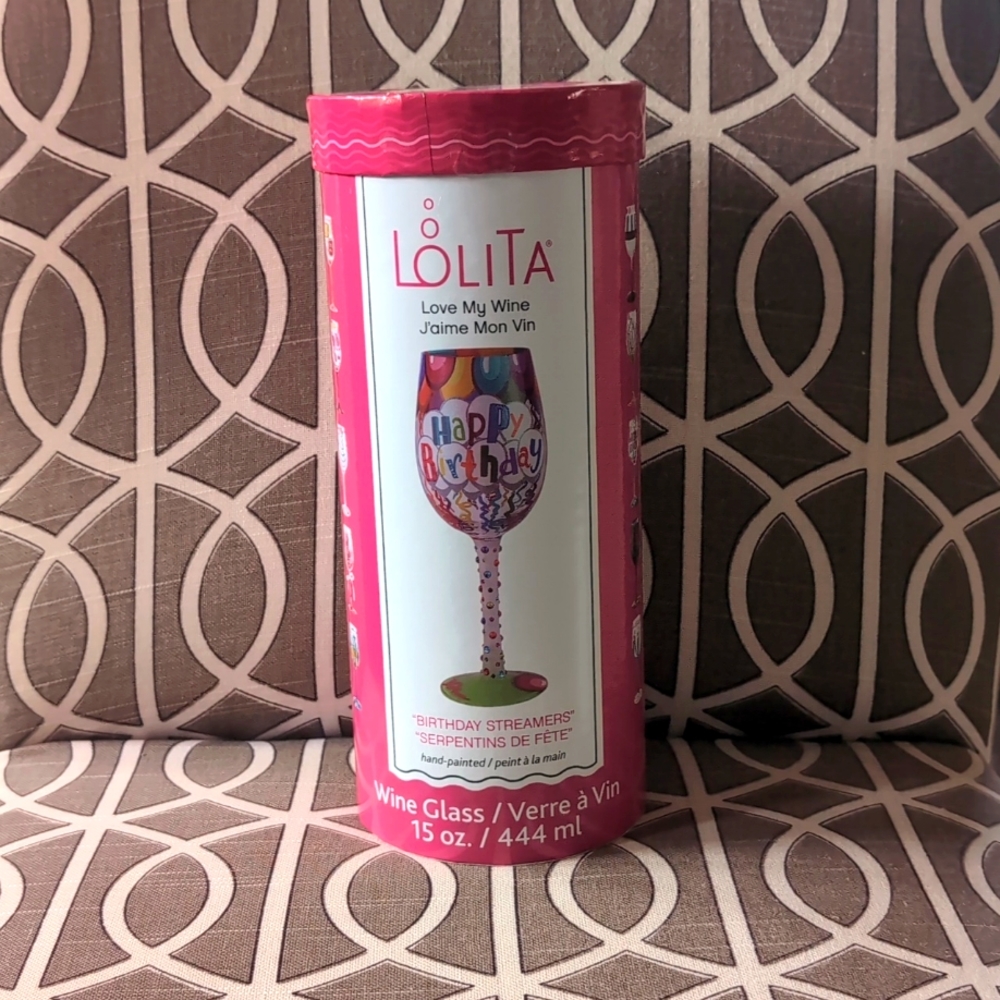 NIB LOLITA "Birthday Streamers" Wine Glass